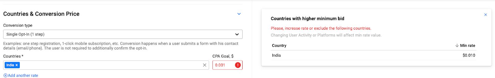PropellerAds campaign settings showing a suggested CPA goal of $0.01 as the minimum