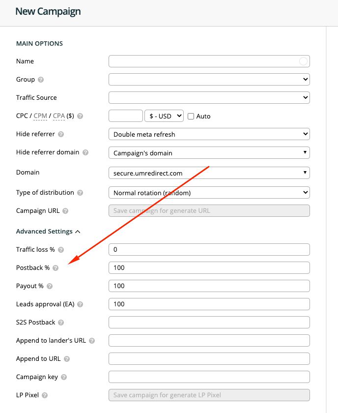 Binom campaign creation screen with the Advance Settings panel expanded to reveal the Postback % field