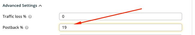 Binom Postback % field set to 19 inside the Advance Settings panel