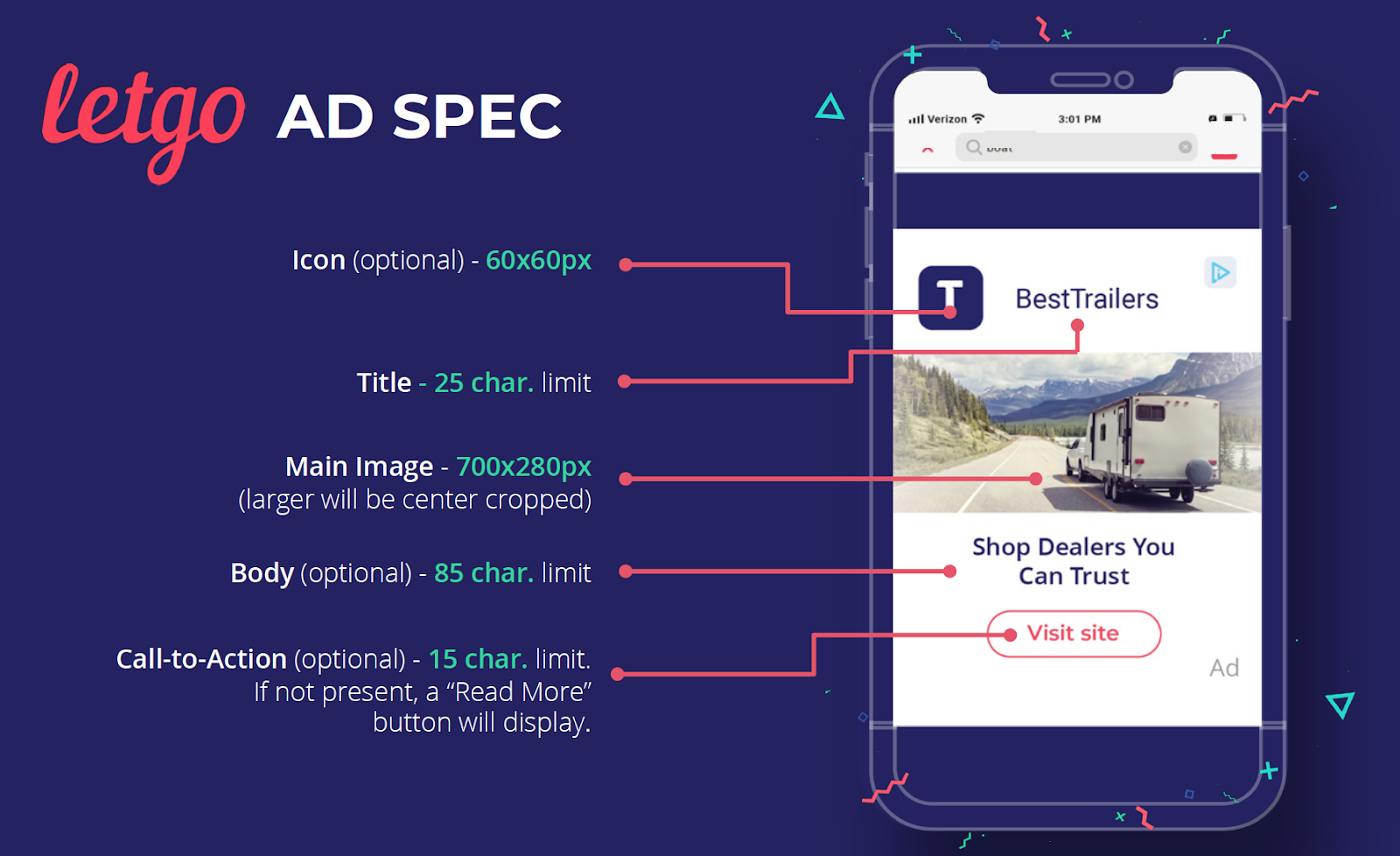 Example of a native ad placement inside the letgo app, shown in a presentation from Zeropark
