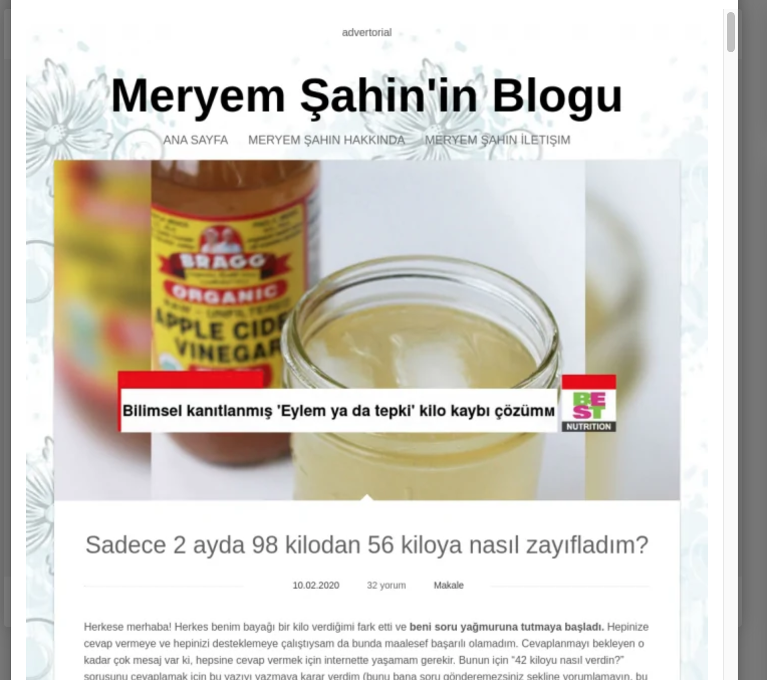 Screenshot of a Turkish nutra advertorial landing page spied through Anstrex