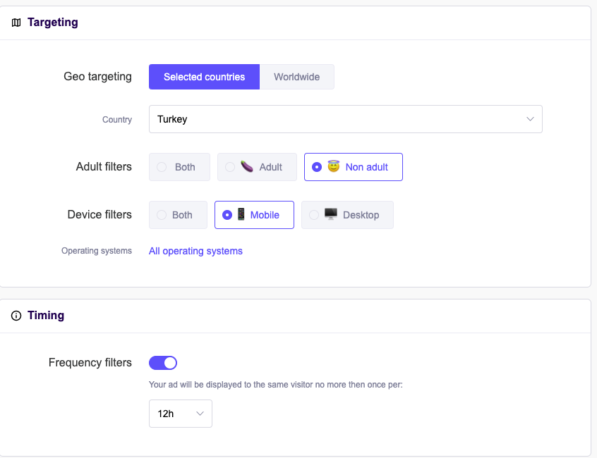 Zeropark campaign setup screen with most targeting options greyed out